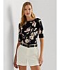 Color:Black/Cream Multi - Image 4 - Floral Stretch Cotton Slim Fit Boat Neck Tee Shirt