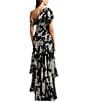Color:Black - Image 2 - Georgette Floral Print One Shoulder Flutter Sleeve Tiered Gown