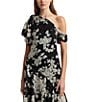 Color:Black - Image 3 - Georgette Floral Print One Shoulder Flutter Sleeve Tiered Gown