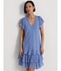 Color:Blue Mist - Image 4 - Georgette V-Neck Flutter Sleeve Drop Waist Dress