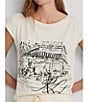 Color:Winter Cream - Image 5 - Grieta Cap Sleeve Boat Neck Relaxed Fit Graphic Tee
