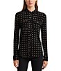Color:Black/Tan - Image 1 - Jersey Geometric Print Spread Collar Long Sleeve Shirt