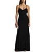 Color:Black - Image 1 - Jersey V-Neck Sleeveless Chain Strap Drape Knotted Open Back Pull-On Maxi Dress