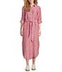 Lauren Ralph Lauren Kiredel Stripe Linen Point Collar Roll-Tab Sleeves Belted Button Front Midi Shirt Dress, Color:Red Multi - Image 1