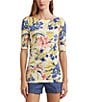 Color:Cream/Blue Multi - Image 1 - Knit Floral Boat Neck Elbow Length Sleeve Tee Shirt