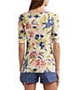 Color:Cream/Blue Multi - Image 2 - Knit Floral Boat Neck Elbow Length Sleeve Tee Shirt