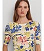 Color:Cream/Blue Multi - Image 4 - Knit Floral Boat Neck Elbow Length Sleeve Tee Shirt