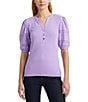 Color:Wild Lavender - Image 1 - Lace Trim Jersey Puff Sleeve Henley Tee Shirt