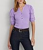 Color:Wild Lavender - Image 4 - Lace Trim Jersey Puff Sleeve Henley Tee Shirt