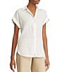 Lauren Ralph Lauren Linen Point Collar Short Dolman Sleeve Shirt, Color:Ivory - Image 1