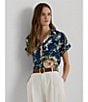 Color:Blue Multi - Image 4 - Linen Floral Motif Point Collar Short Cuffed Sleeve Button Front Shirt