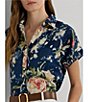 Color:Blue Multi - Image 6 - Linen Floral Motif Point Collar Short Cuffed Sleeve Button Front Shirt