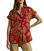 Lauren Ralph Lauren Linen Floral Point Collar Short Cuff Sleeve Shirttail Hem Button Front Shirt, Color:Red Multi - Image 1