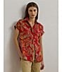 Lauren Ralph Lauren Linen Floral Point Collar Short Cuff Sleeve Shirttail Hem Button Front Shirt, Color:Red Multi - Image 4