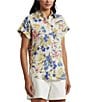 Color:Cream Multi - Image 1 - Linen Floral Print Point Collar Short Cuffed Sleeve Button Front Shirt