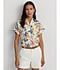 Color:Cream Multi - Image 4 - Linen Floral Print Point Collar Short Cuffed Sleeve Button Front Shirt