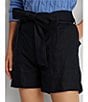 Color:Lauren Navy - Image 5 - Linen High Rise Tie Belted Relaxed Shorts