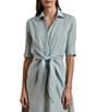 Lauren Ralph Lauren Linen Point Collar Elbow-length Sleeves Tie Front Shirt Midi Dress, Color:Aqua Pearl - Image 3