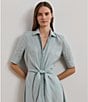 Lauren Ralph Lauren Linen Point Collar Elbow-length Sleeves Tie Front Shirt Midi Dress, Color:Aqua Pearl - Image 6