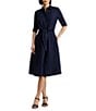 Lauren Ralph Lauren Linen Point Collar Elbow Sleeve Button Front Self Tie Fit-And-Flare Shirt Midi Dress, Color:Lauren Navy - Image 1