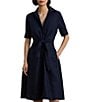 Lauren Ralph Lauren Linen Point Collar Elbow Sleeve Button Front Self Tie Fit-And-Flare Shirt Midi Dress, Color:Lauren Navy - Image 3