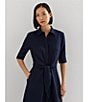 Lauren Ralph Lauren Linen Point Collar Elbow Sleeve Button Front Self Tie Fit-And-Flare Shirt Midi Dress, Color:Lauren Navy - Image 6
