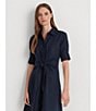 Color:Lauren Navy - Image 6 - Linen Short Sleeve Button Down Self Tie Waist Shirt Dress