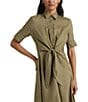 Color:Olive Fern - Image 3 - Linen Short Sleeve Button Down Self Tie Waist Shirt Dress