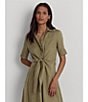 Color:Olive Fern - Image 4 - Linen Short Sleeve Button Down Self Tie Waist Shirt Dress