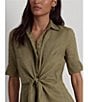 Color:Olive Fern - Image 6 - Linen Short Sleeve Button Down Self Tie Waist Shirt Dress