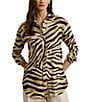 Lauren Ralph Lauren Linen Zebra Print Point Collar Long Sleeve Button-Front Shirt, Color:Cream/Brown - Image 1
