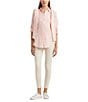 Color:Pink Opal - Image 3 - Point Collar Long Roll-Tab Sleeve Button Front Linen Shirt