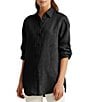 Color:Polo Black - Image 1 - Point Collar Long Roll-Tab Sleeve Button Front Linen Shirt