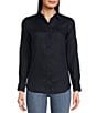 Color:Lauren Navy - Image 1 - Point Collar Long Roll-Tab Sleeve Button Front Linen Shirt