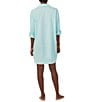 Color:Turquoise Print - Image 2 - Long Sleeve Notch Collar Button-Front Woven Checkered Nightshirt