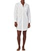 Color:White - Image 1 - Long Sleeve Notch Collar Button-Front Woven Shadow Stripe Nightshirt