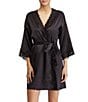 Color:Black/Black - Image 1 - Matte Satin Kimono Short Wrap Robe