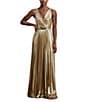 Lauren Ralph Lauren Metallic Chiffon V Neck Sleeveless Belted Pleated Fit and Flare Gown, Color:Gold - Image 1