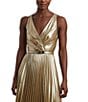 Lauren Ralph Lauren Metallic Chiffon V Neck Sleeveless Belted Pleated Fit and Flare Gown, Color:Gold - Image 3
