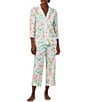Color:Multi Floral - Image 1 - Multi Floral Print 3/4 Sleeve Notch Collar Woven Pajama Set