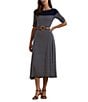 Lauren Ralph Lauren Stripe Print Knit Boat Neck Elbow Length Sleeve Side Panel Fit & Flare Midi Dress, Color:Lauren Navy - Image 1