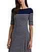 Lauren Ralph Lauren Stripe Print Knit Boat Neck Elbow Length Sleeve Side Panel Fit & Flare Midi Dress, Color:Lauren Navy - Image 3