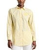 Color:Primrose Yellow/White - Image 1 - Oversized Stripe Embroidered RLL Chest Point Collar Long Sleeve Button Down Shirt