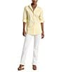 Color:Primrose Yellow/White - Image 3 - Oversized Stripe Embroidered RLL Chest Point Collar Long Sleeve Button Down Shirt