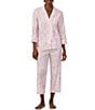 Color:Pink Print - Image 1 - Paisley Print 3/4 Sleeve Notch Collar Woven Pajama Set