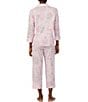 Color:Pink Print - Image 2 - Paisley Print 3/4 Sleeve Notch Collar Woven Pajama Set