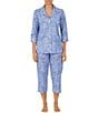 Color:Blue Paisley - Image 1 - Paisley Print Jersey Knit 3/4 Sleeve Notch Collar Cropped Pajama Set