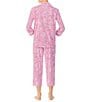 Color:Pink Paisley - Image 2 - Paisley Print Jersey Knit Notch Collar 3/4 Sleeve Embroidered Pocket Capri Pajama Set