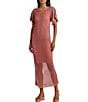 Color:Pink Mahogany - Image 1 - Pashear Crochet Faux Suede Short Sleeve Crew Neck Mid Dress
