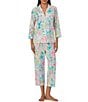 Color:Multi Paisley - Image 1 - Petite Size 3/4 Sleeve Notch Collar Woven Multi Paisley Cropped Pajama Set